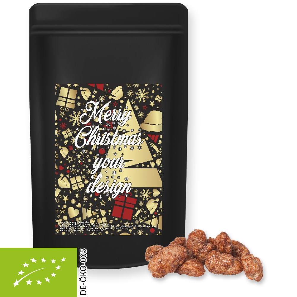 Bio Feuergebrannte Mandeln (vegan), ca. 80g, Standbeutel Midi schwarz
