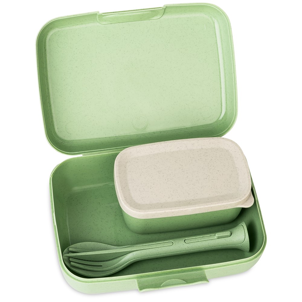 KOZIOL CANDY READY Lunchbox-Set + Besteck-Set - nature leaf green