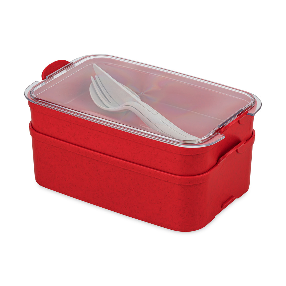 KOZIOL STAKK BENTOBOX READY Bentobox 2l+Liquidsafe Box+Besteckset - nature red/crystal clear