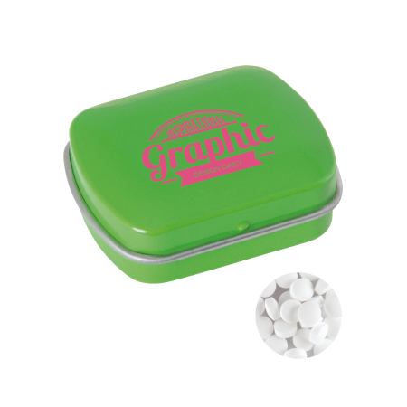 Kleine Scharnierblechdose mit ca. 10 g extra starken, zuckerfreien Dreiecks-Minzbonbons - hell grün