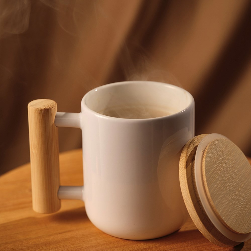 Douro Keramik Tasse mit Bambus, 380 ml. Für Sublimationsdruck geeignet - Weiß
