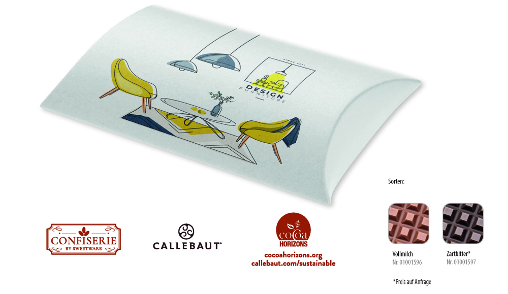 Schokolade 100 g Tafel in Kissenschachtel 1 Stück  ,  Inhalt:  Callebaut Vollmilch Schokolade Kalender