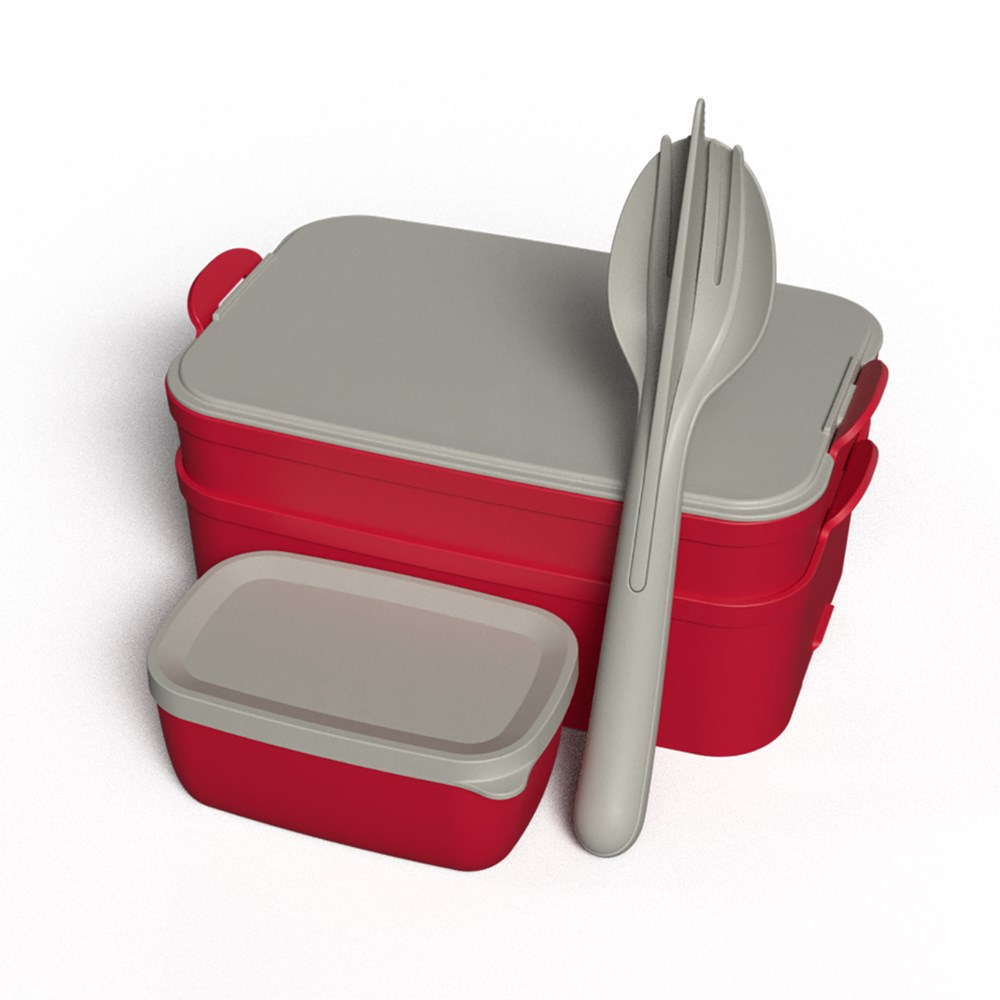 KOZIOL STAKK BENTOBOX READY Bentobox 2l+Liquidsafe Box+Besteckset - nature red