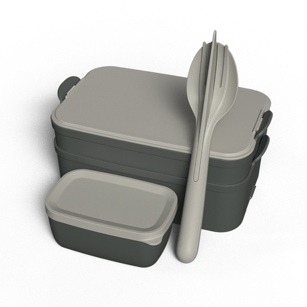 KOZIOL STAKK BENTOBOX READY Bentobox 2l+Liquidsafe Box+Besteckset - nature ash grey