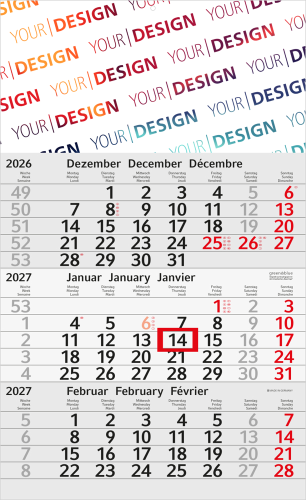 3-Monatskalender Einblatt Budget 3 Recycling-Kalendariumspapier, rot