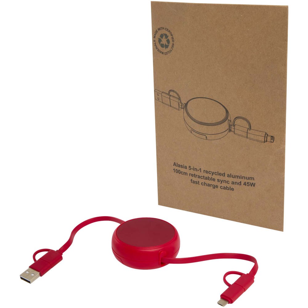 Alasia 100 cm 5-in-1 Kabel aus recyceltem Kunststoff und Aluminium, einziehbar, für Datenübertragung und mit 45W Schnellladung - rot