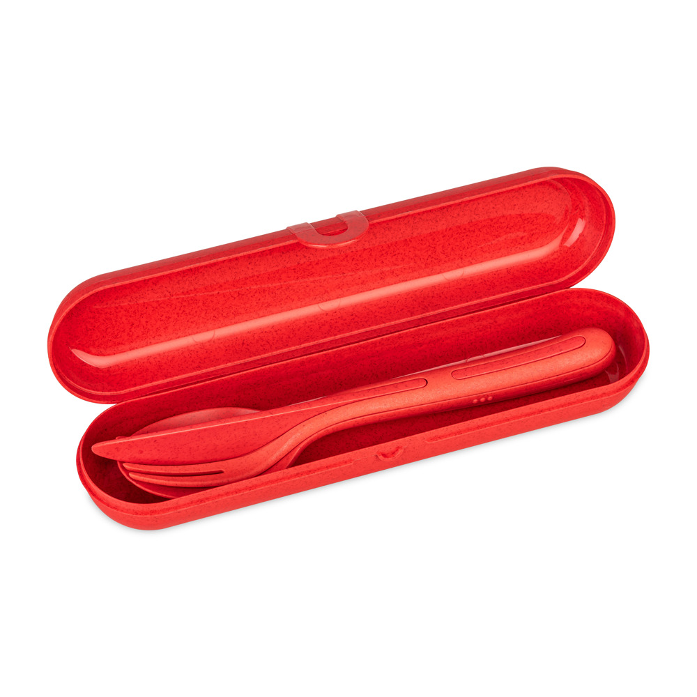 KOZIOL KLIKK READY Besteck Etui + Besteckset - nature red
