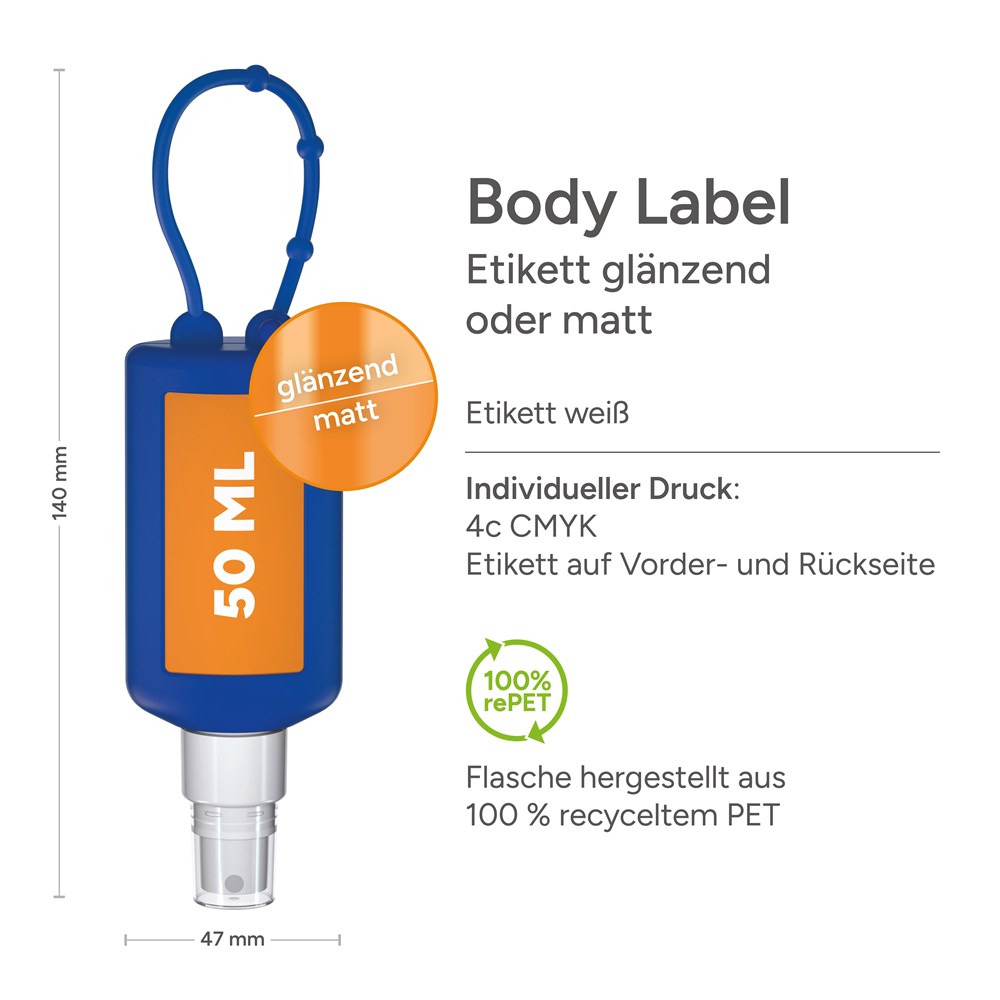 Smartphone & Arbeitsplatz-Reiniger, 50 ml Bumper blau, Body Label (R-PET)