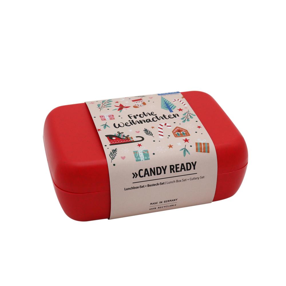 KOZIOL CANDY READY Lunchbox-Set + Besteck-Set + XMAS Banderole - nature red