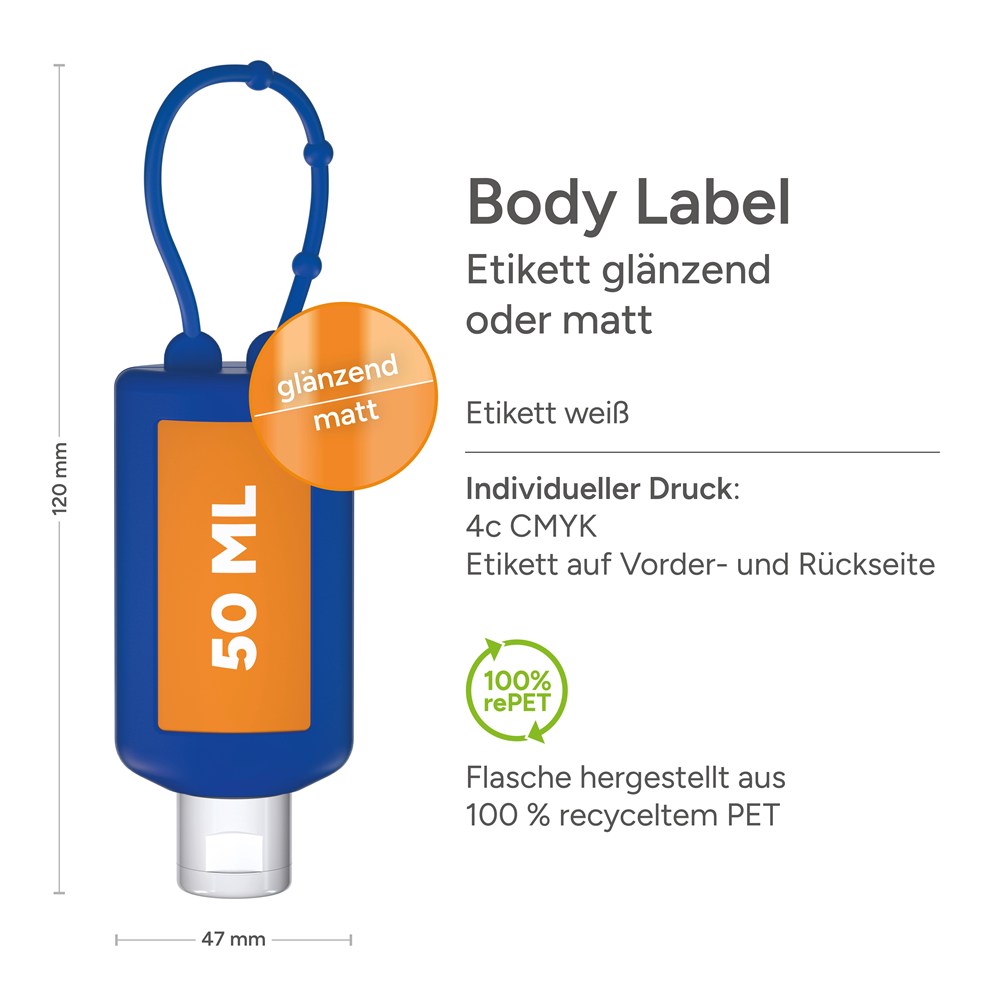 Sonnenmilch LSF 30, 50 ml Bumper blau, Body Label (R-PET)