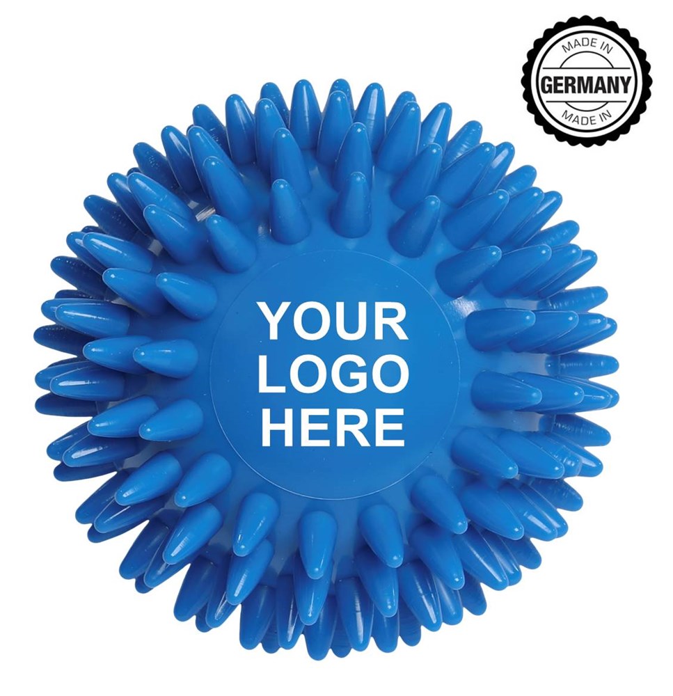 Igelball / Massageball mit Bedruckung (78mm, Kundenspezifisch eingefärbt), "Made in Germany" - Blau