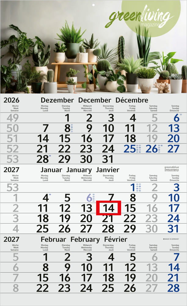 3-Monatskalender Einblatt Budget 3 Recycling-Kalendariumspapier, blau