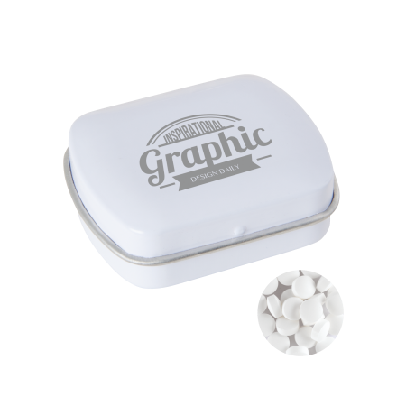 Kleine Scharnierblechdose mit ca. 10 g extra starken, zuckerfreien Dreiecks-Minzbonbons - weiss