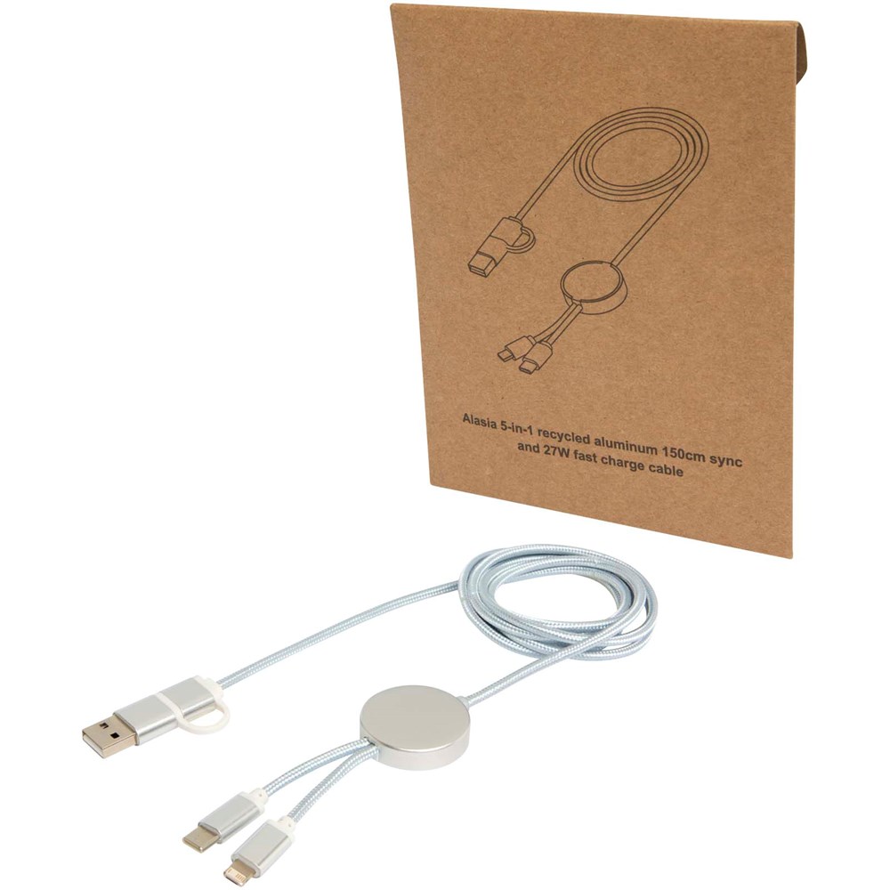 Alasia 150 cm 5-in-1 Kabel aus recyceltem Kunststoff für Datenübertragung und 27W Schnellladung - silber