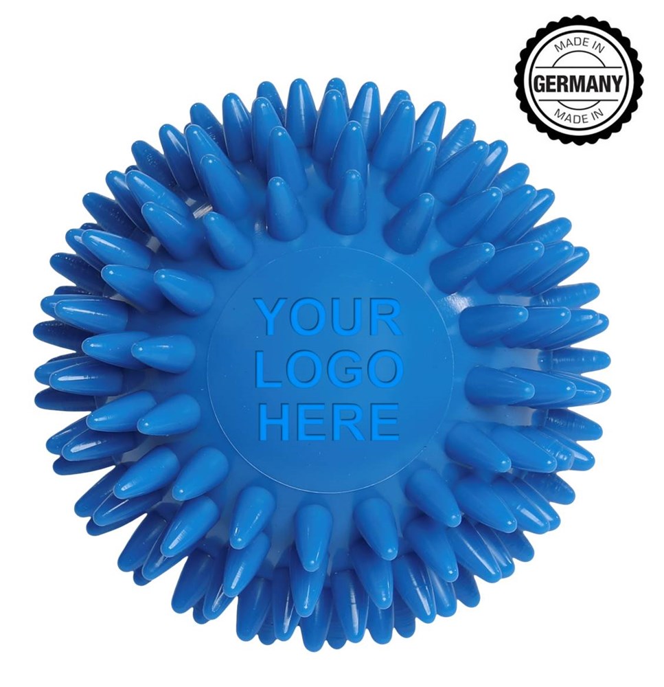 Massageball / Igelball mit runder Prägung (78 mm, Kundenspezifisch eingefärbt), "Made in Germany" - Blau