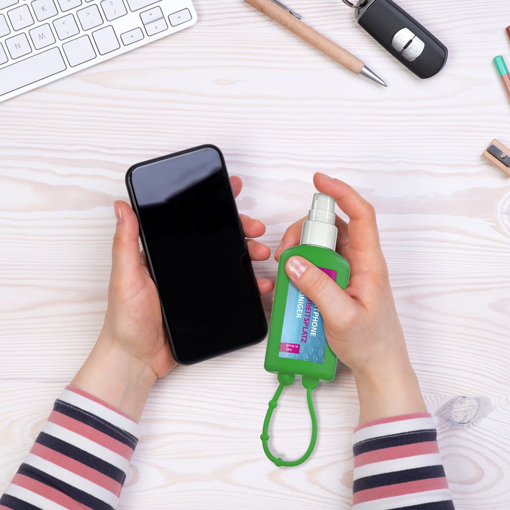 Smartphone & Arbeitsplatz-Reiniger, 50 ml Bumper grün, Body Label (R-PET)