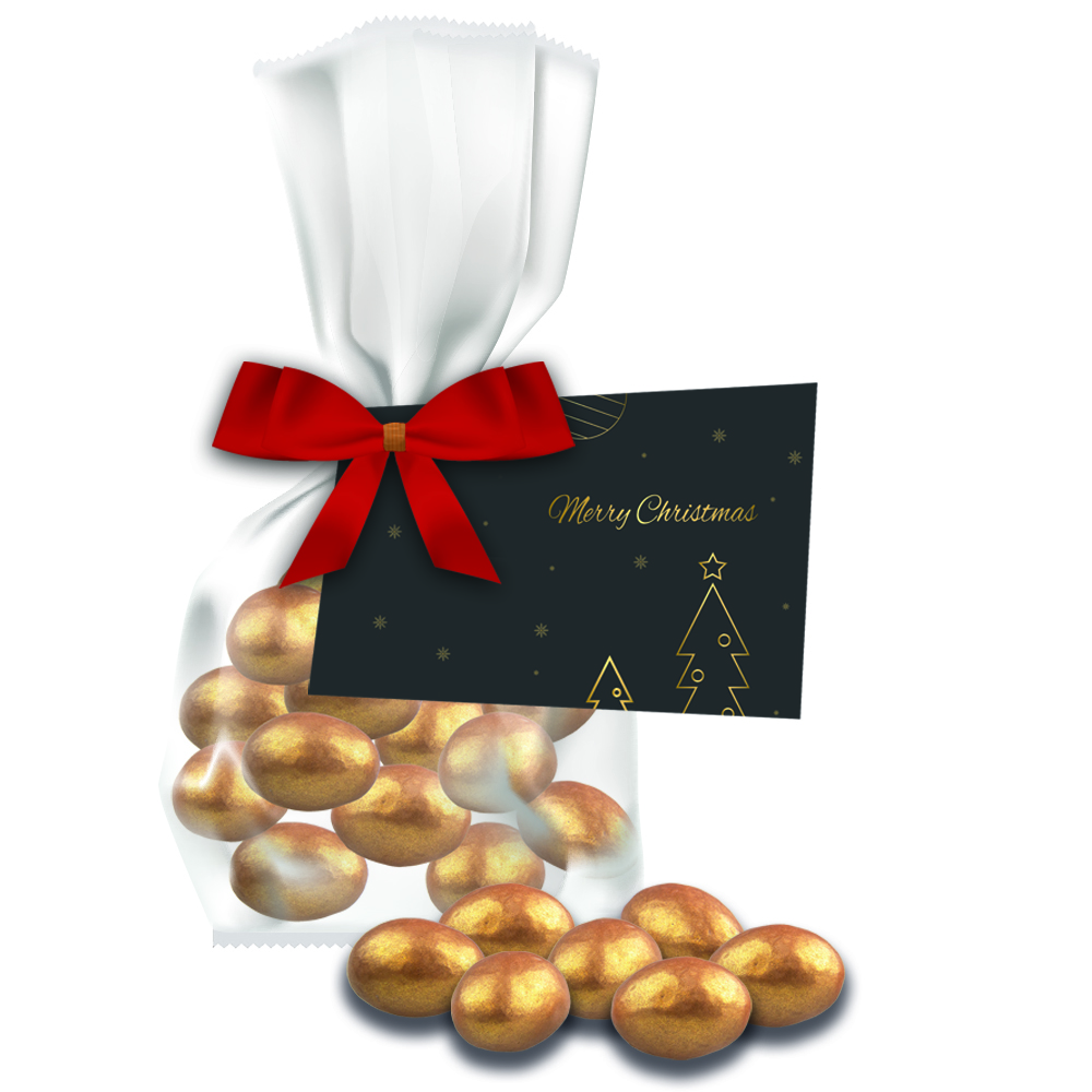Goldene Salted Caramel Mandeln, ca. 30g, Express Flachbeutel mit Schleife mit Werbekarte