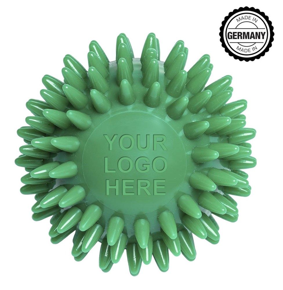 Massageball / Igelball mit runder Prägung (78 mm, Kundenspezifisch eingefärbt), "Made in Germany" - Grün