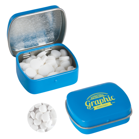 Kleine Scharnierblechdose mit ca. 10 g extra starken, zuckerfreien Dreiecks-Minzbonbons - hell blau