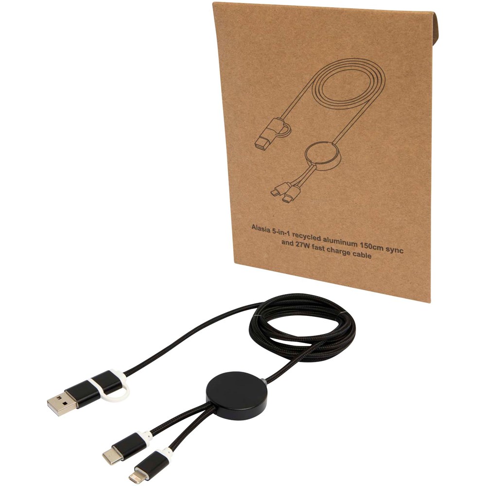 Alasia 150 cm 5-in-1 Kabel aus recyceltem Kunststoff für Datenübertragung und 27W Schnellladung - schwarz