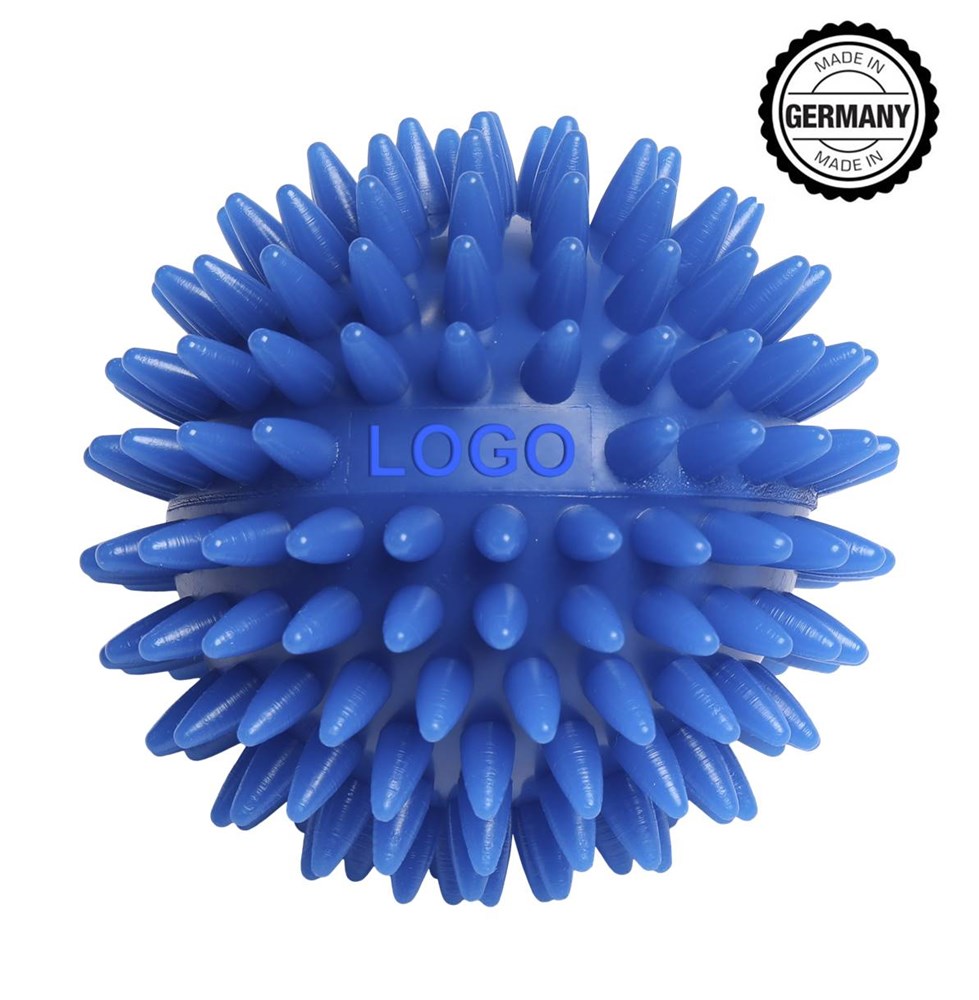Massageball / Igelball mit rechteckiger Prägung (78mm, Kundenspezifisch eingefärbt), "Made in Germany" - Blau