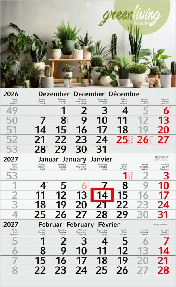 3-Monatskalender Einblatt Budget 3 Recycling-Kalendariumspapier, blau - Rot