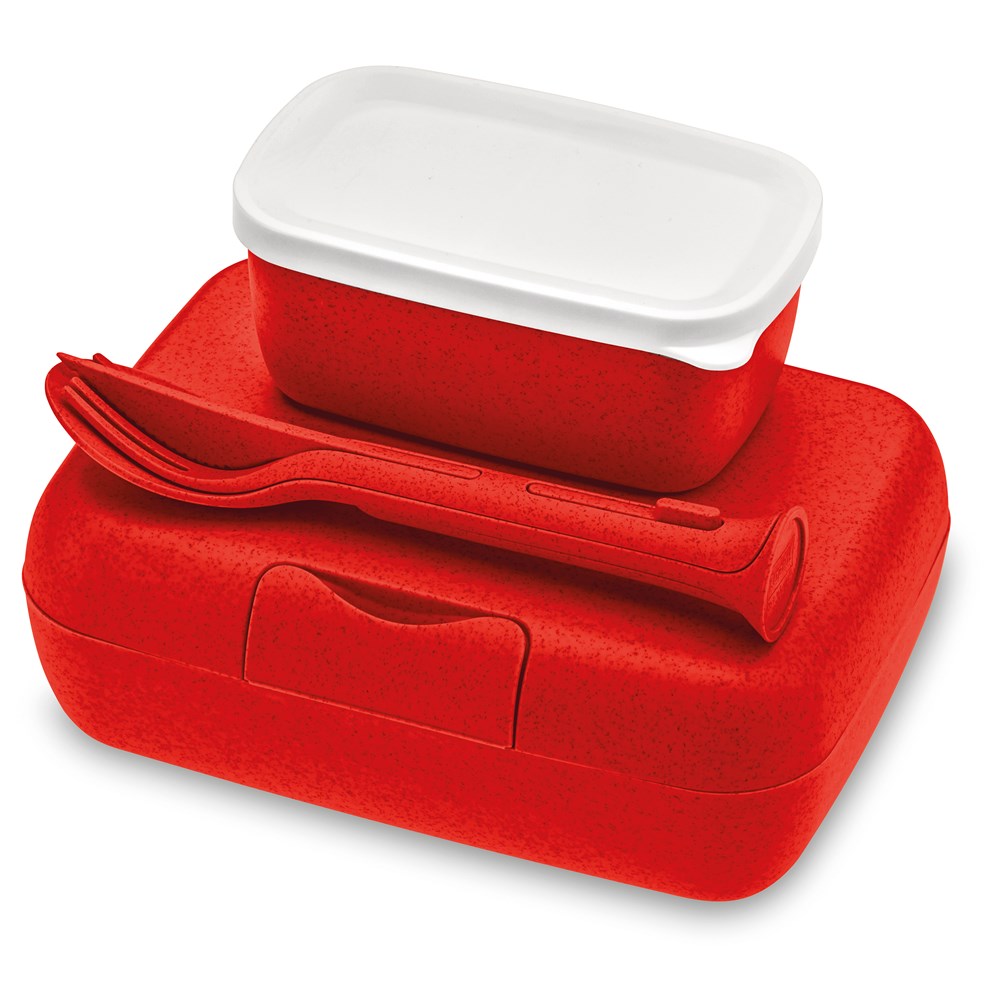 KOZIOL CANDY READY Lunchbox-Set + Besteck-Set - nature red
