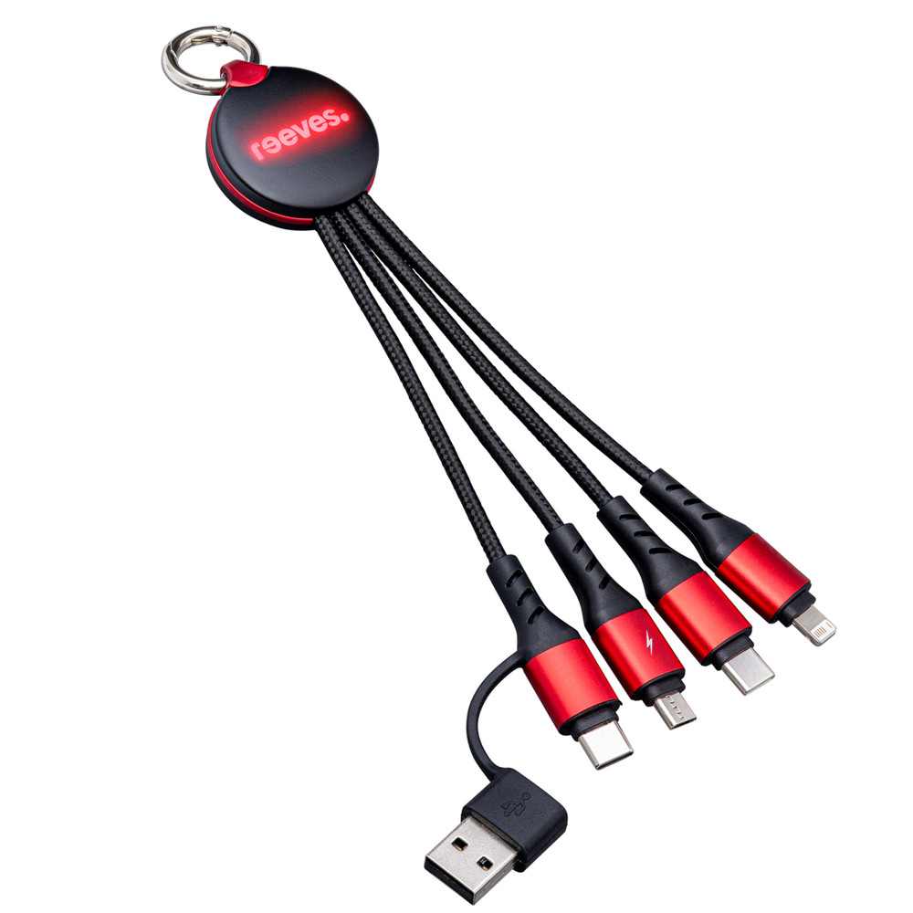 6-in-1 Ladekabel mit Beleuchtung REEVES-PUHALANI II - rot, schwarz / rot / rot