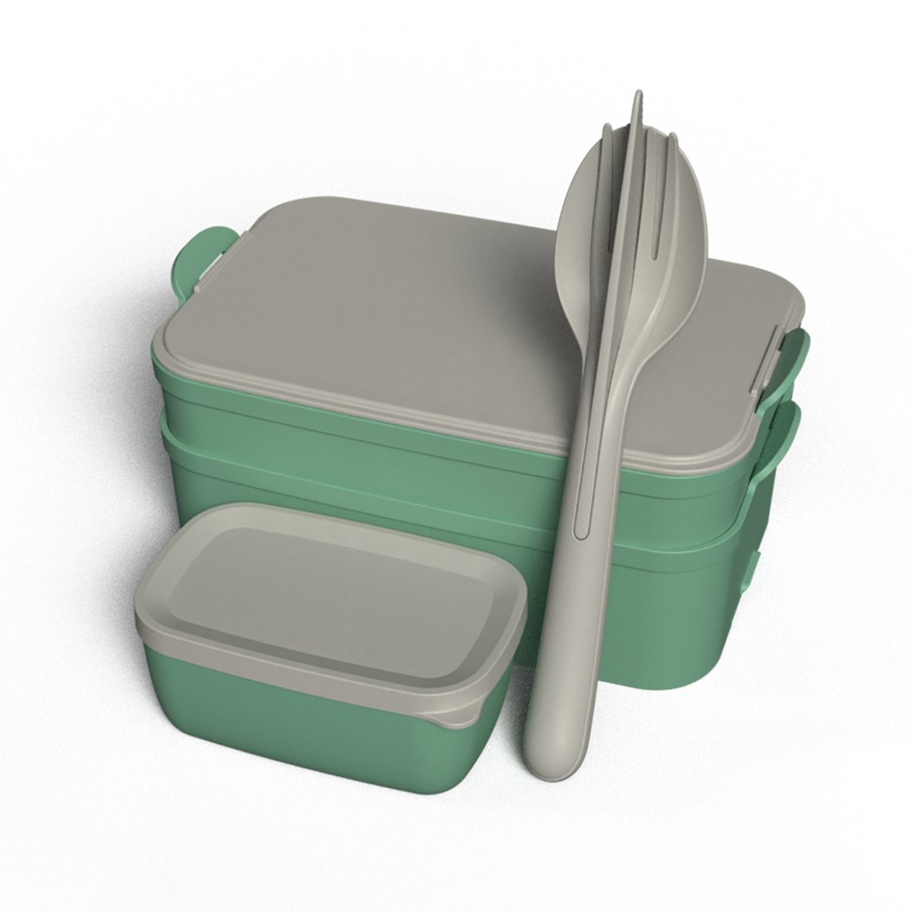 KOZIOL STAKK BENTOBOX READY Bentobox 2l+Liquidsafe Box+Besteckset - nature leaf green