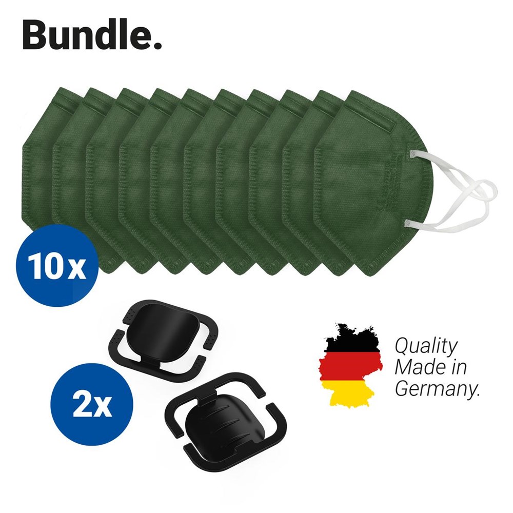 Atemschutzmaske "Colour" 10er Set + Maskenhalter "Helm" 2er - vert foncé/noir
