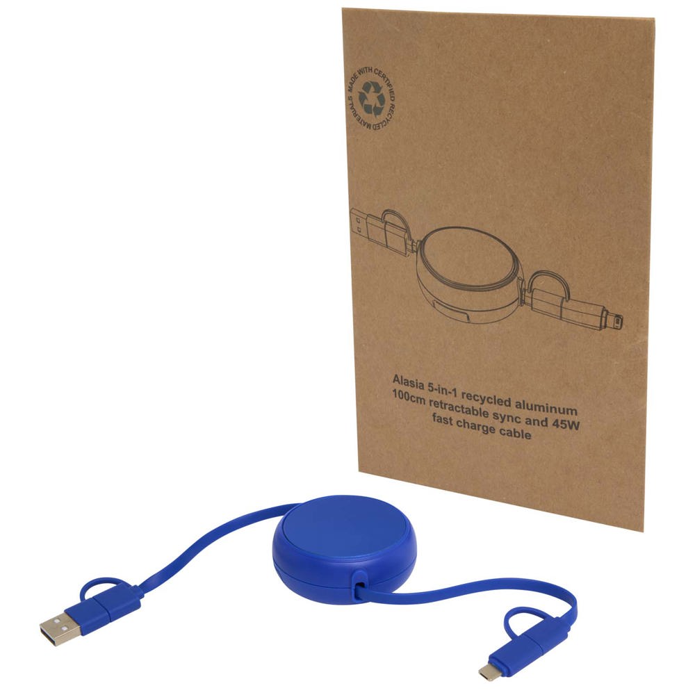 Alasia 100 cm 5-in-1 Kabel aus recyceltem Kunststoff und Aluminium, einziehbar, für Datenübertragung und mit 45W Schnellladung - royalblau