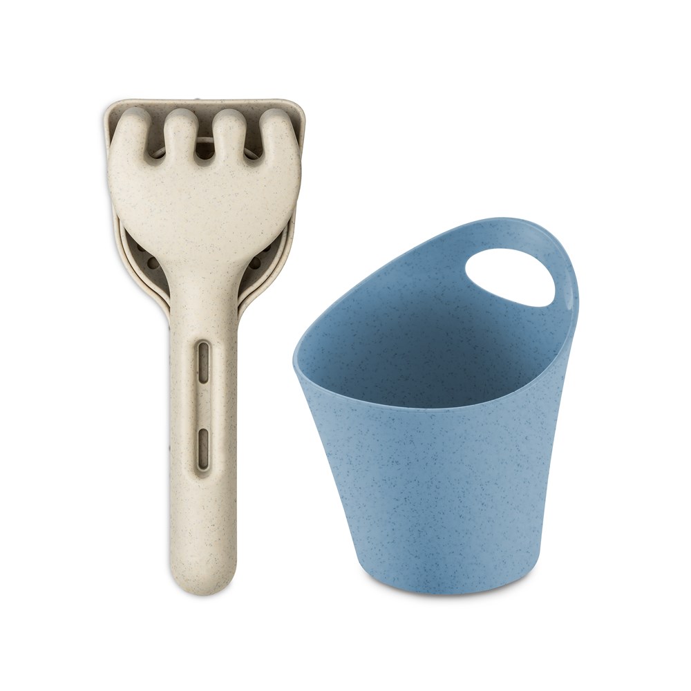 KOZIOL KLIKK SAND READY BEACH Sandwerkzeug Set 3-teilig+Utensilo 300ml - nature desert sand/nature flower blue
