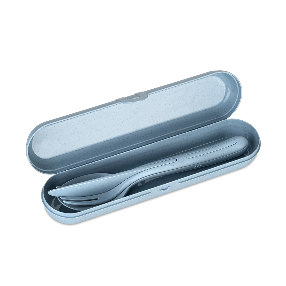 KOZIOL KLIKK READY Besteck Etui + Besteckset - nature flower blue